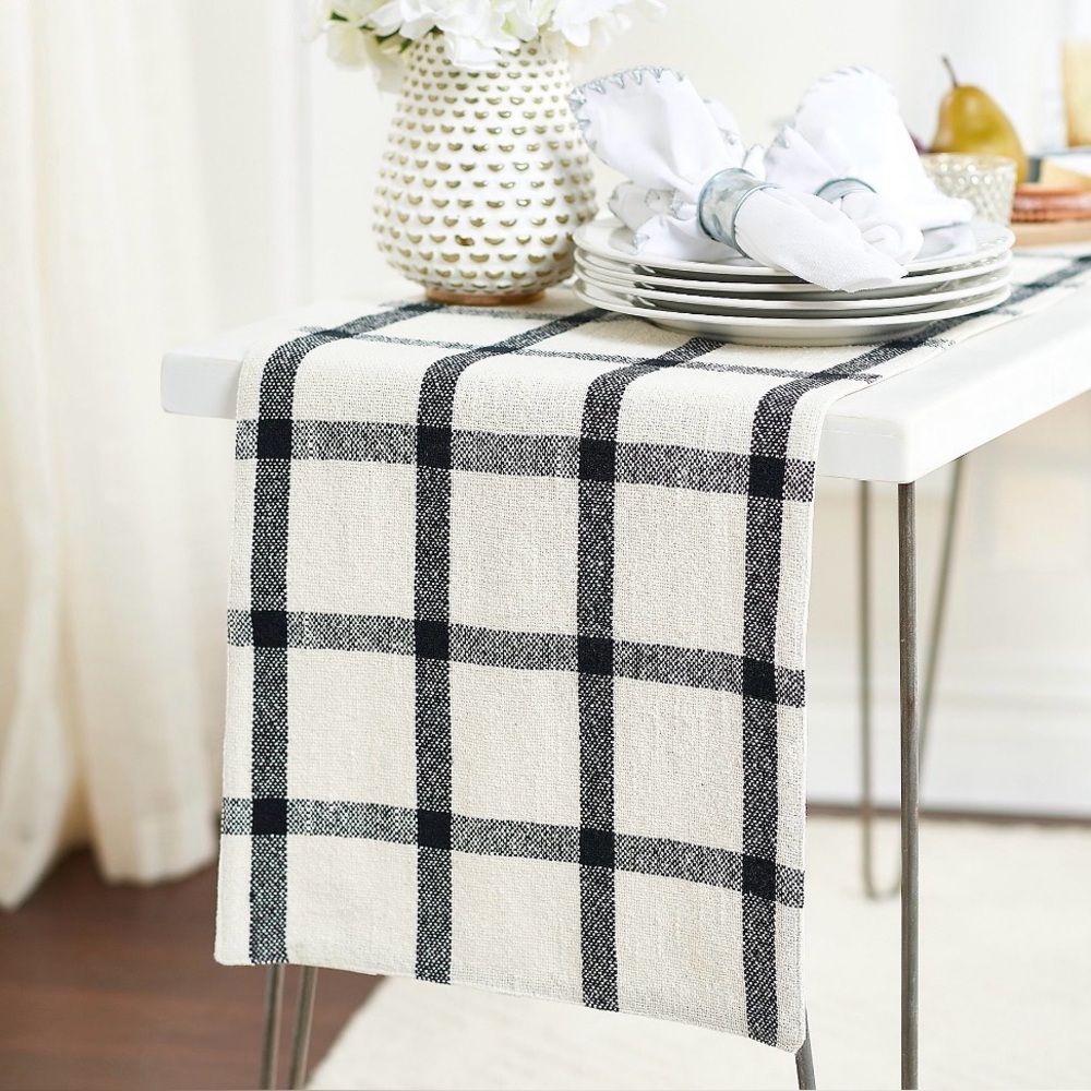 NWT Table Runner Windowpane Black & Cream Cotton Nubby Linen Modern Farmhouse